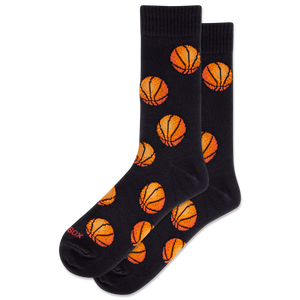 Black socks with orange basketball patterns on a white background