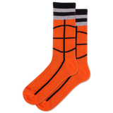 Orange socks with black basketball pattern and gray and black striped cuff on a white background