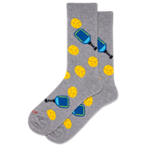 Men's gray socks with a repeat pickleball pattern.