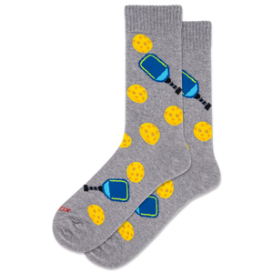 Men's gray socks with a repeat pickleball pattern.