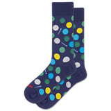 Navy blue socks with colorful golf ball pattern on a white background