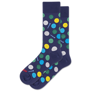 Navy blue socks with colorful golf ball pattern on a white background