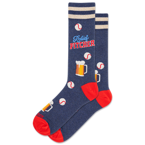 Blue socks with red accents and baseball-themed graphics on a white background