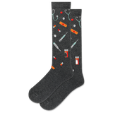 Dark gray socks with medical-themed pattern on a white background