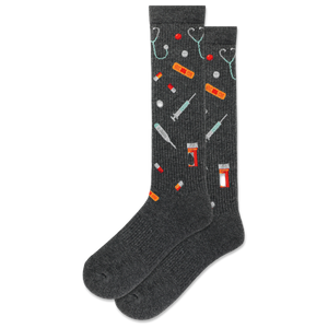 Dark gray socks with medical-themed pattern on a white background