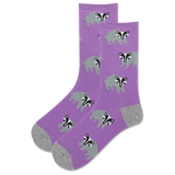 Purple socks with badger pattern on a white background