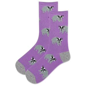 Purple socks with badger pattern on a white background