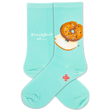 Turquoise socks with a bagel design and 'Breakfast at' text on a white background thumbnail