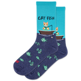 Pair of socks with a cat fishing design on a white background