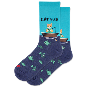 Pair of socks with a cat fishing design on a white background