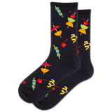 Black socks with colorful cocktail umbrella and cherry design on a white background
