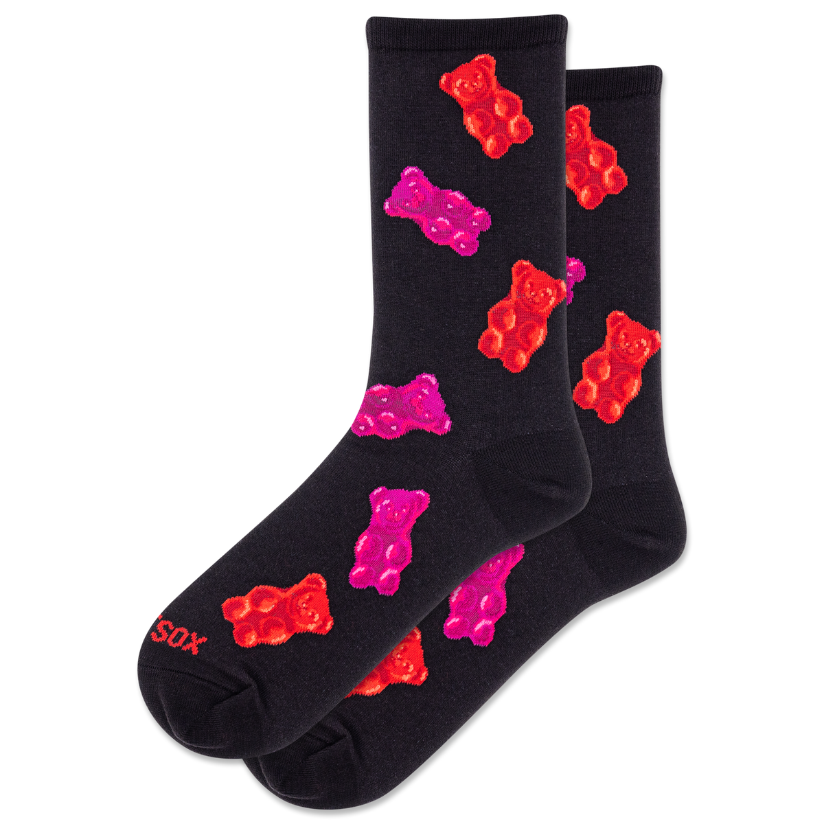 Black socks with red and pink gummy bear designs on a white background
