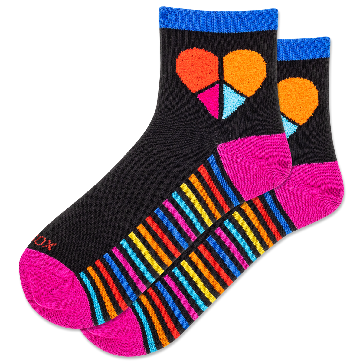 Colorful socks with heart and striped patterns on a white background