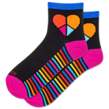Colorful socks with heart and striped patterns on a white background