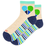 Colorful sock with geometric heart and stripe pattern on a beige background
