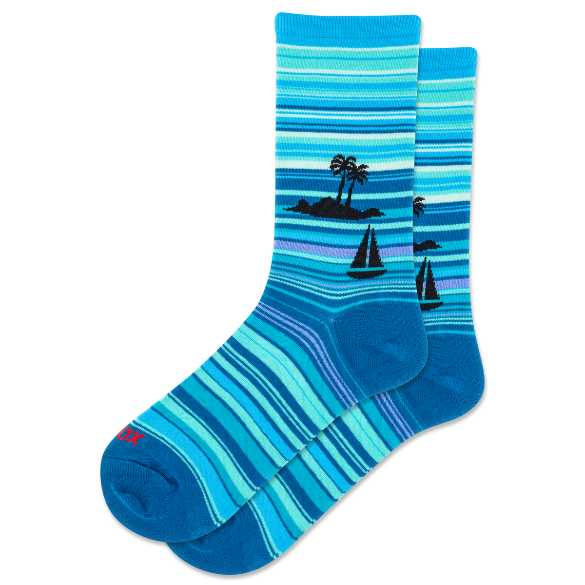 Blue striped socks with island and sailboat design on a white background