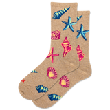 Beige socks with colorful shell and starfish patterns on a white background