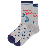 Gray socks with blue mermaid accents and a text design that says "Make a Splash" on a white background