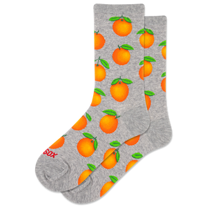 Gray socks with a repeat orange pattern on a white background