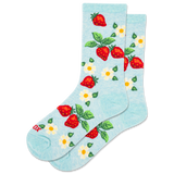 Light blue socks with strawberry and flower pattern on a white background