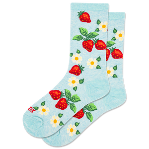 Light blue socks with strawberry and flower pattern on a white background