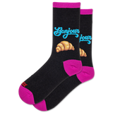 Black socks with pink accents, blue text, and croissant illustrations on a white background thumbnail