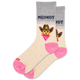 Cat-themed socks with cowboy hat design and 'MEOWDY' text on a white background