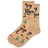 Beige socks with rodeo-themed designs and text on a white background thumbnail
