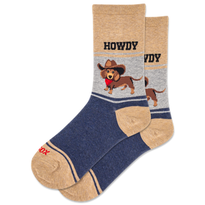 Pair of socks with a dachshund wearing a cowboy hat and 'Howdy' text on a white background