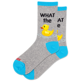 Gray socks with a yellow rubber duck and text on a white background