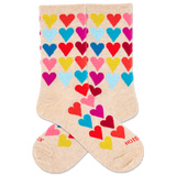 Beige socks with colorful heart pattern on a white background thumbnail