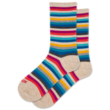 Colorful striped socks with a brand logo on a white background
