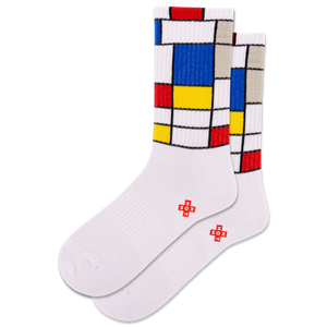 White socks with colorful geometric pattern on a white background