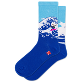 Blue socks with a wave design and a small logo on a white background