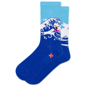 Blue socks with a wave design and a small logo on a white background