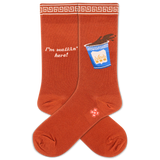 Orange socks with a spilling coffee cup  design and text on a white background