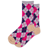 Pair of argyle pattern socks with pink, blue, and gray design on a white background thumbnail