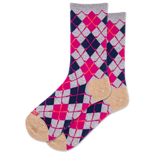 Pair of argyle pattern socks with pink, blue, and gray design on a white background