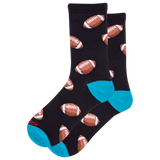 Black socks with football pattern and blue toes on a white background