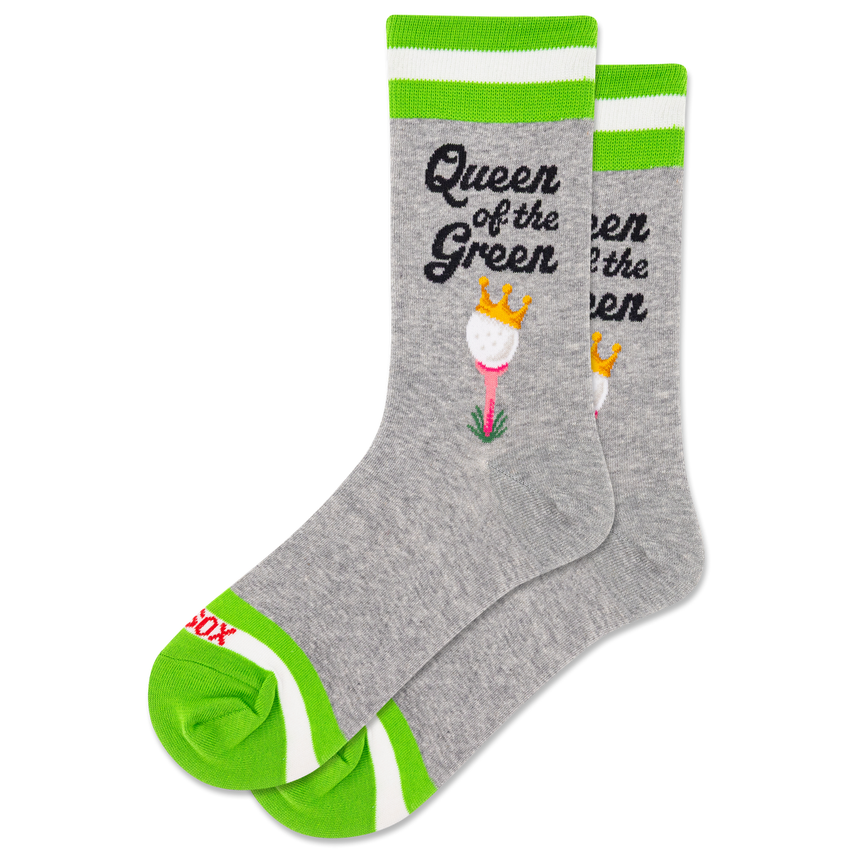 Gray socks with green accents and 'Queen of the Green' text and golf ball graphic on a white background