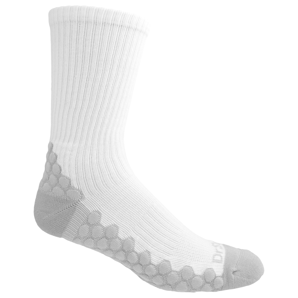 White sock with gray toes and heels on a white background