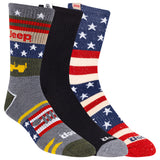 A pack of three pairs of Jeep-themed crew socks with various patterns and colors, including a patriotic red, white, and blue design and a camouflage pattern.