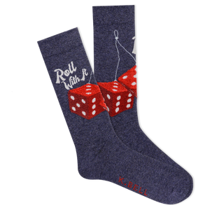 Pair of socks with red dice design and 'Roll With It' text on a white background