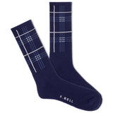 Men's navy blue plaid crew socks with white accents. thumbnail