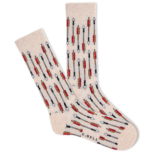 A pair of men's crew socks with a southwestern arrow motif in a tan color.