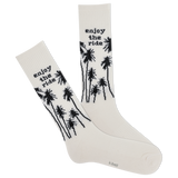 White socks with black palm tree designs and 'enjoy the ride' text on a white background thumbnail