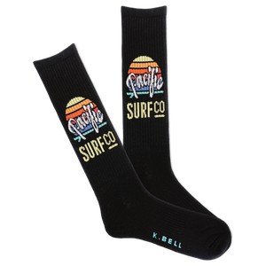 Black socks with Pacific Surf Co logo on a white background