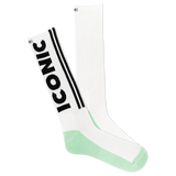 A pair of white crew socks with green accents and the text 'ICONIC' printed on the side, featuring a reflective logo. thumbnail