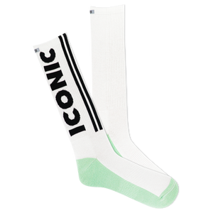 A pair of white crew socks with green accents and the text 'ICONIC' printed on the side, featuring a reflective logo.