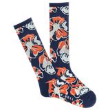 A pair of men's crew socks with a tropical floral print in blue, white, and orange. thumbnail
